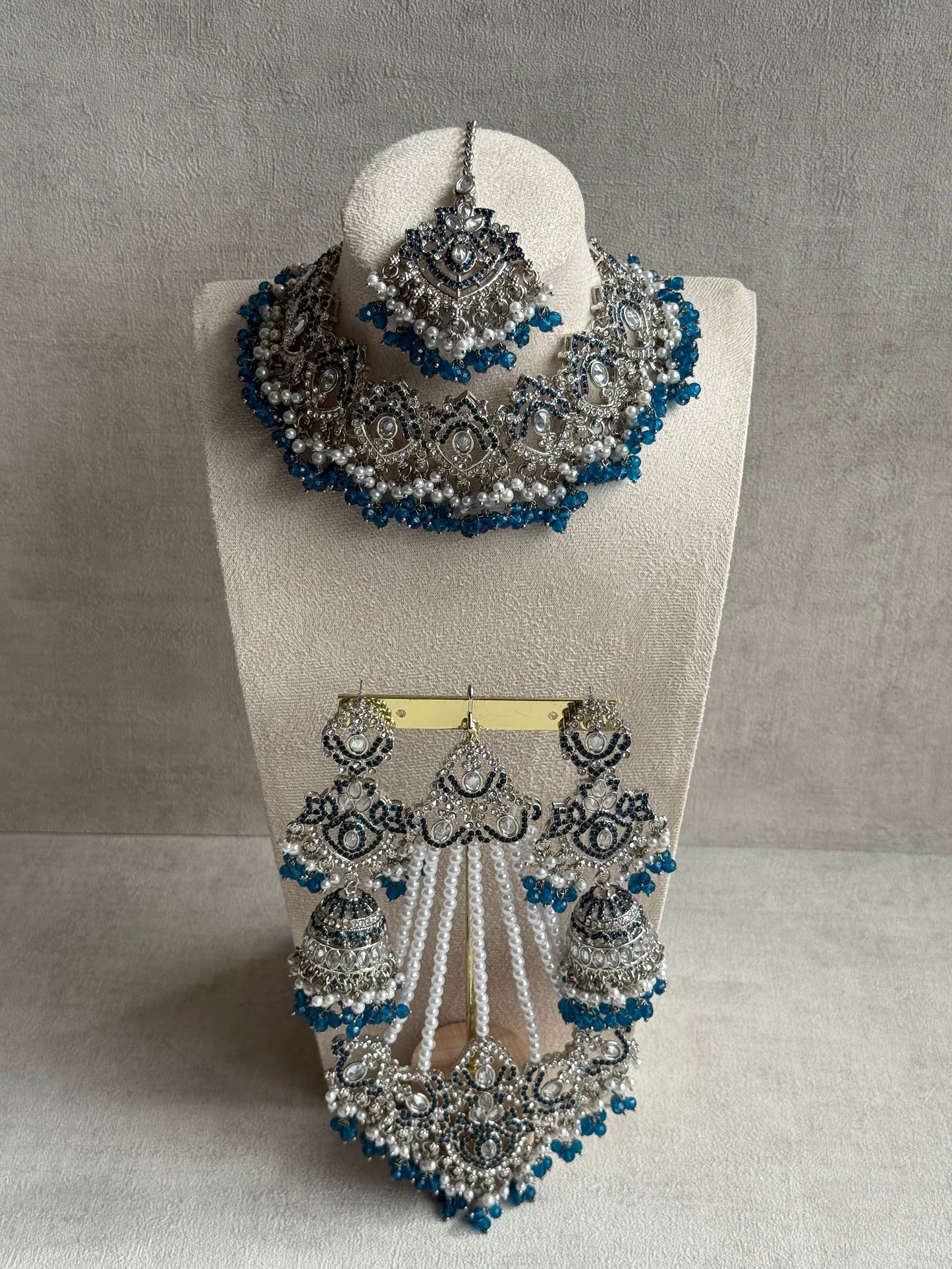 Ayura Designs Wania Set with Jhumkis, Tikka & Passa – Peacock Blue Beads, Mirror-Cut Stones & Antique Silver Finish