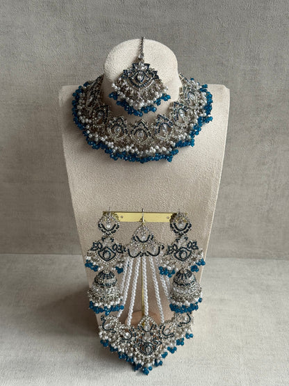 Ayura Designs Wania Set with Jhumkis, Tikka & Passa – Peacock Blue Beads, Mirror-Cut Stones & Antique Silver Finish