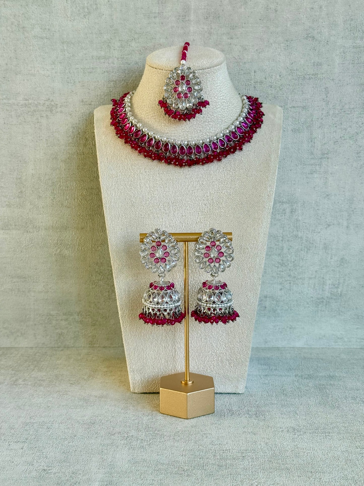 Ayura Designs Saima Set – Necklace, Jhumkis & Tikka in Fuchsia Pink with Silver Finish