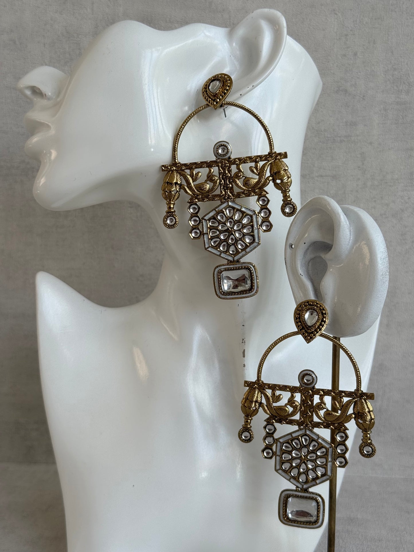 Ayura Designs Irene Earrings – Ivory Kundan, Meenakari & Crystal Peacock Chandeliers in Gold