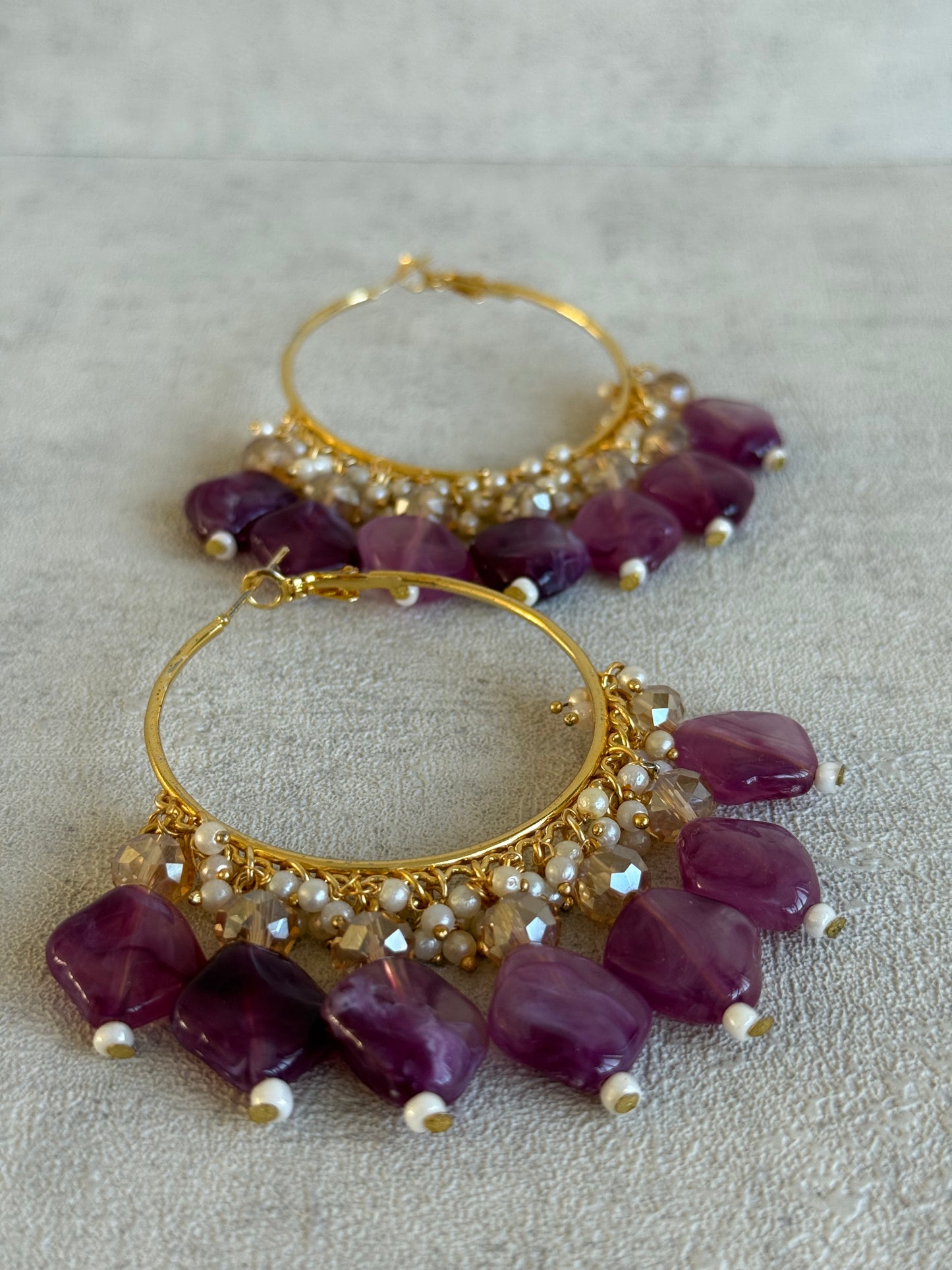 Ayura Designs Heer Balis – Gold Hoops with Amethyst Plum Marble Beads, Pearls & Crystal Detailing