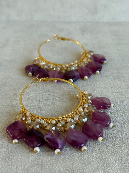 Ayura Designs Heer Balis – Gold Hoops with Amethyst Plum Marble Beads, Pearls & Crystal Detailing