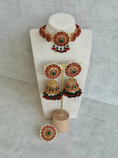Ayura Designs Lubna Choker Set with Jhumkis & Ring – Ruby Red, Emerald Green & Pearl Detailing in Antique Gold Finish