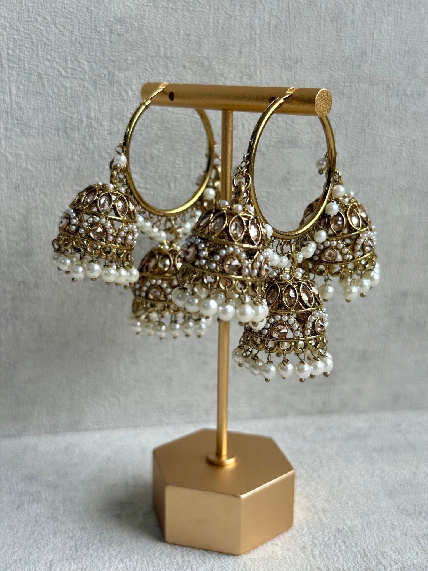 Ayura Designs Nakhra Balis – Ivory Triple Dome Earrings with Pearl Clusters & Mirror-Cut Detailing