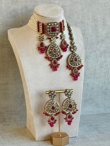 Ayura Designs Zarmeen Choker Set with Earrings & Tikka – Mirror-Cut Stones, Antique Gold Finish and Hot Pink Beads