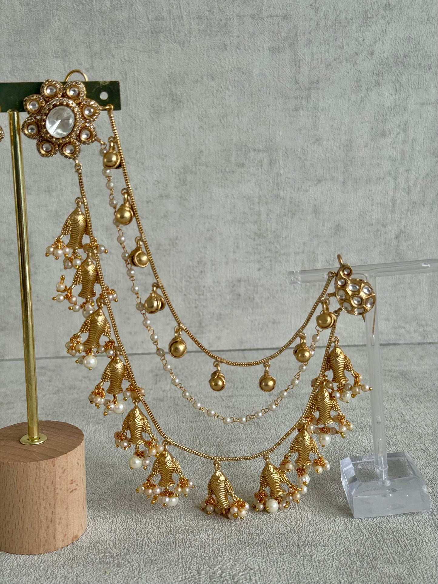 Ayura Designs Kohsar Earrings with Sahare – Mirror-Cut Studs, Fish Motifs & Pearl Detailing in Antique Gold