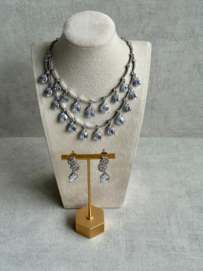 Ayura Designs Nida Set with Necklace & Earrings – Clear Crystal Stones, Diamond-Cut Detailing & Silver Finish