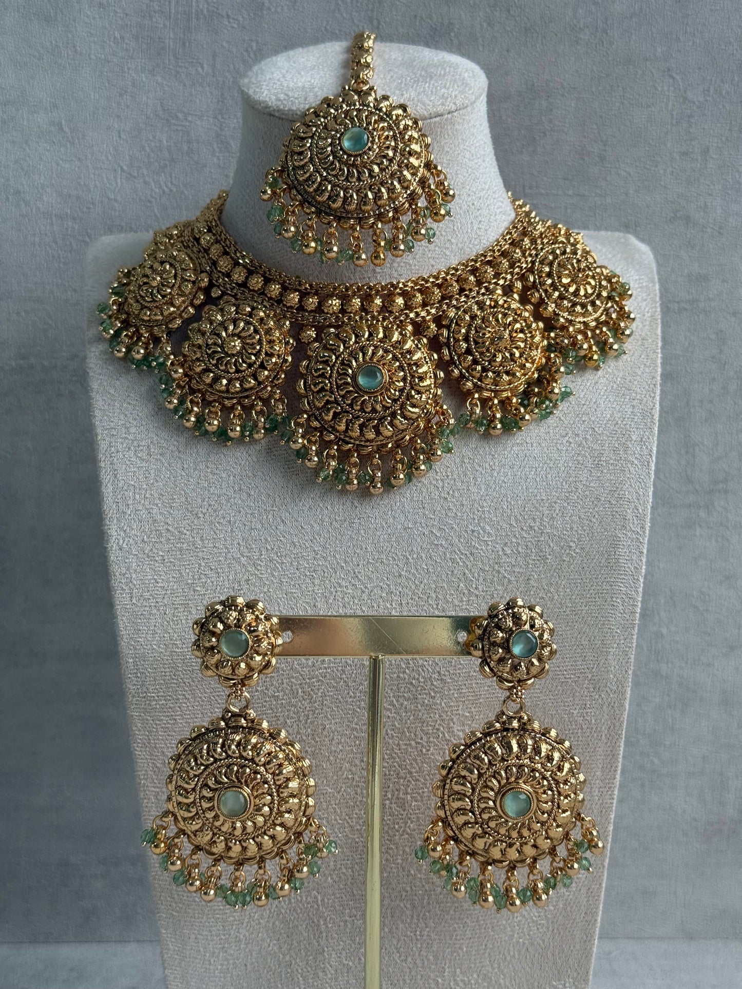 Ayura Designs Rummy Set – Statement Necklace, Earrings & Tikka with Pistachio Green Beads and Polished Gold Finish