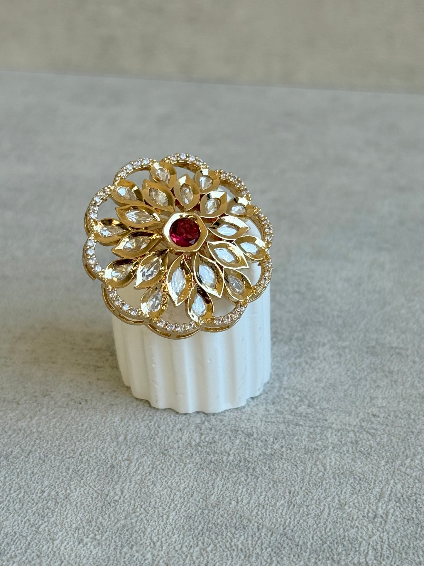 Ayura Designs Elisa Adjustable Ring – Moissanite Floral Ring with Rani Pink Centre & Crystal Border