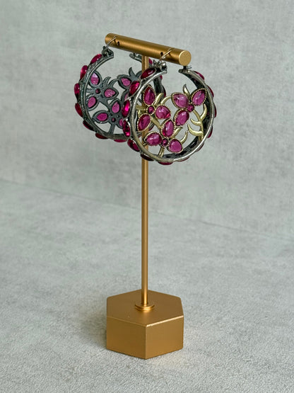 Ayura Designs Nureh Earrings – Dual Tone Floral Hoop Earrings with Ruby Pink Stones & Cutwork Detailing