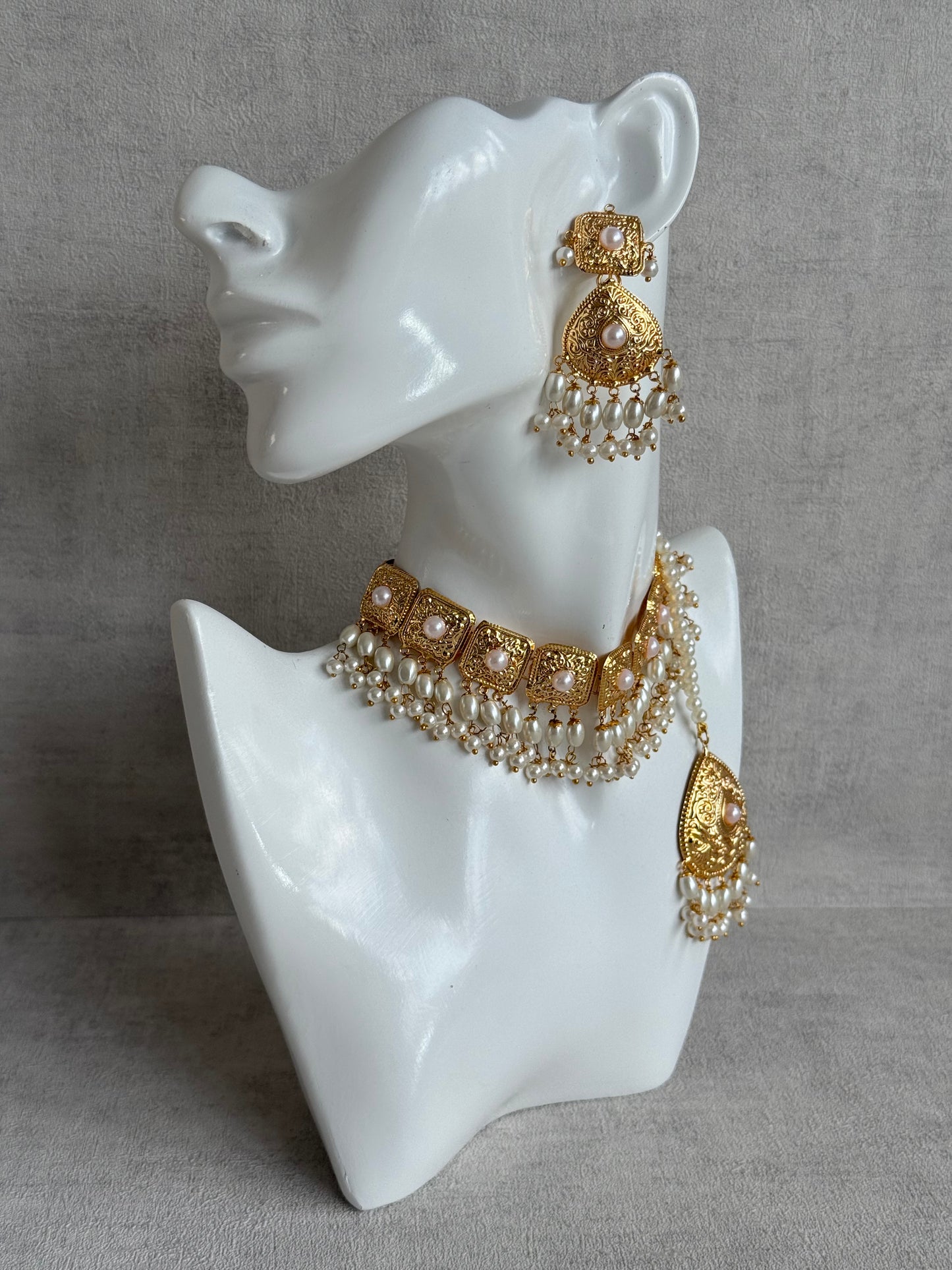 Ayura Designs Chetna Choker Set with Earrings & Tikka – Ivory Pearl Beads & Pearl Drops with Pipal Patti Detailing