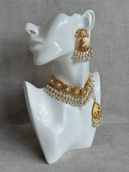 Ayura Designs Chetna Choker Set with Earrings & Tikka – Ivory Pearl Beads & Pearl Drops with Pipal Patti Detailing