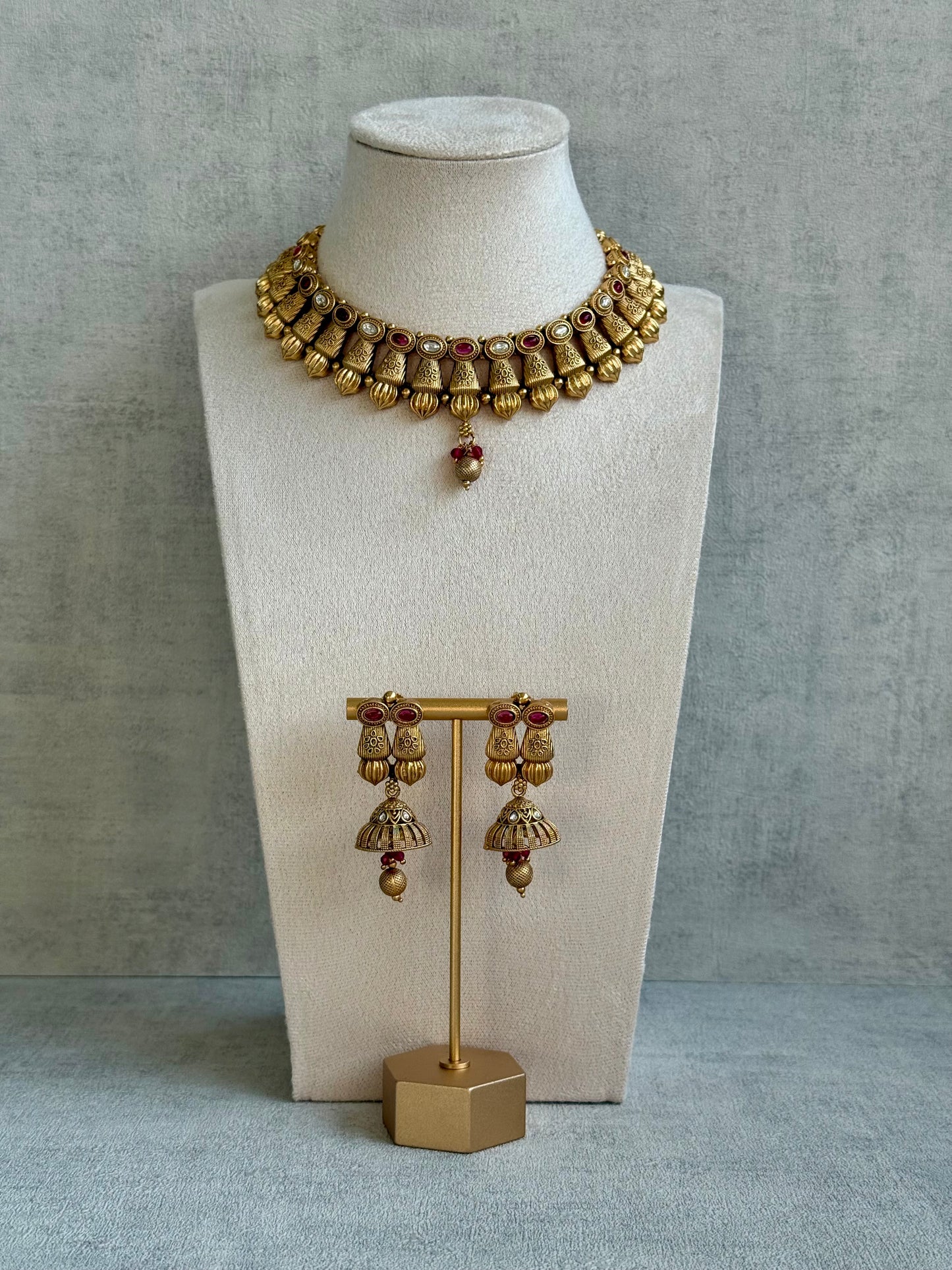 Ayura Designs Aima Necklace Set with Earrings – Antique Gold with Rani Pink Stones