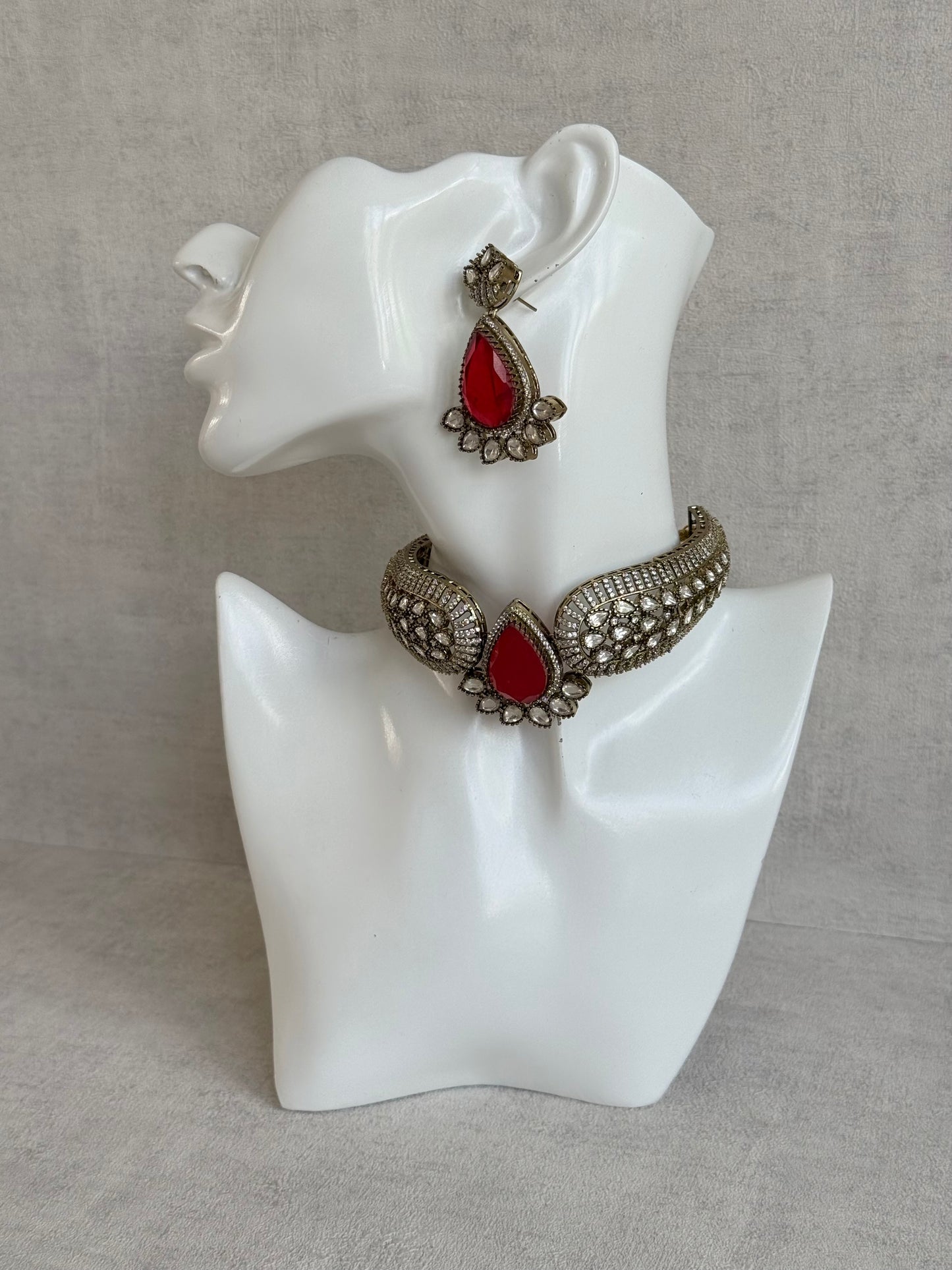 Ayura Designs Ziva Choker Set with Earrings – Ruby Red Teardrop Stone with Moissanite Style Detailing