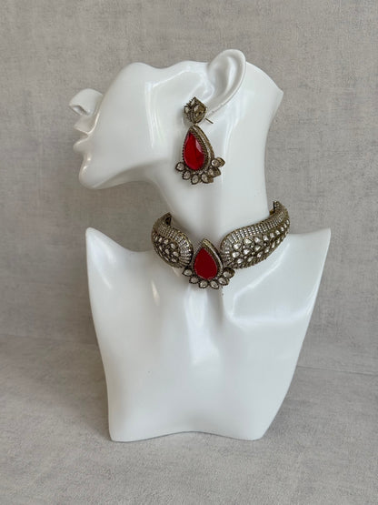 Ayura Designs Ziva Choker Set with Earrings – Ruby Red Teardrop Stone with Moissanite Style Detailing
