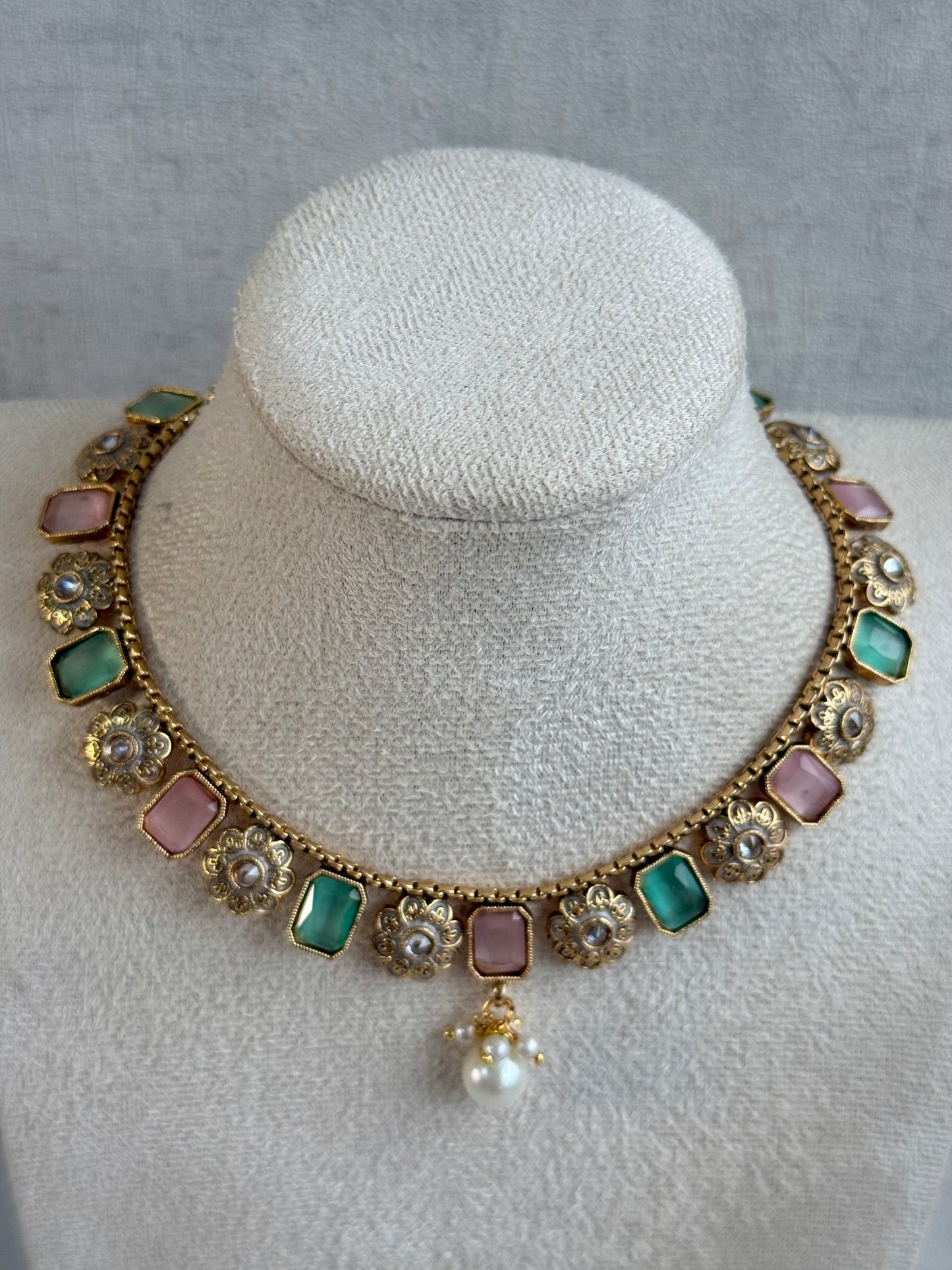 Ayura Designs Padma Necklace Set with Earrings – Blush Pink & Mint Green Stones with Pearl Drop Detailing