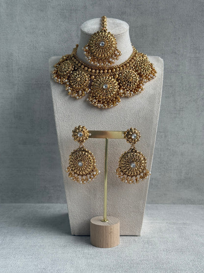 Ayura Designs Rummy Set – Statement Necklace, Earrings & Tikka with Ivory Pearls and Polished Gold Finish