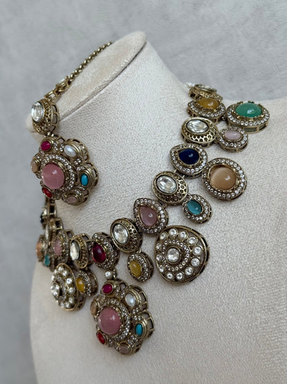 Ayura Designs Elvira Necklace Set with Earrings & Tikka – Multicolour Stone Necklace with Pink Centre Stones & Pearl Detailing