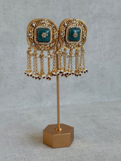 Ayura Designs Gunjal Earrings – Sage Green Chain Drop Studs with Kundan & Bead Detailing