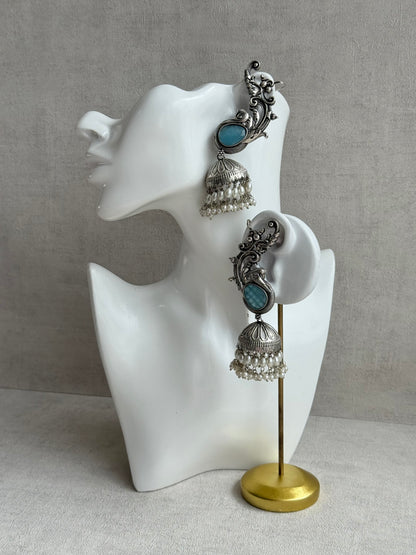 Ayura Designs Manzil Earrings – Oxidised Silver Ear Cuff Jhumkis with Aqua Stones & Pearl Detailing