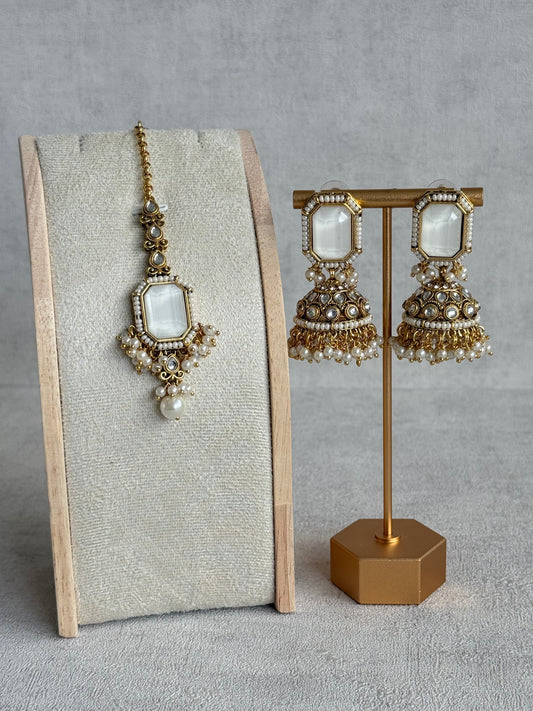 Ayura Designs Heena Tikka Set with Jhumkis – Ivory Stone, Kundan & Pearl Detailing