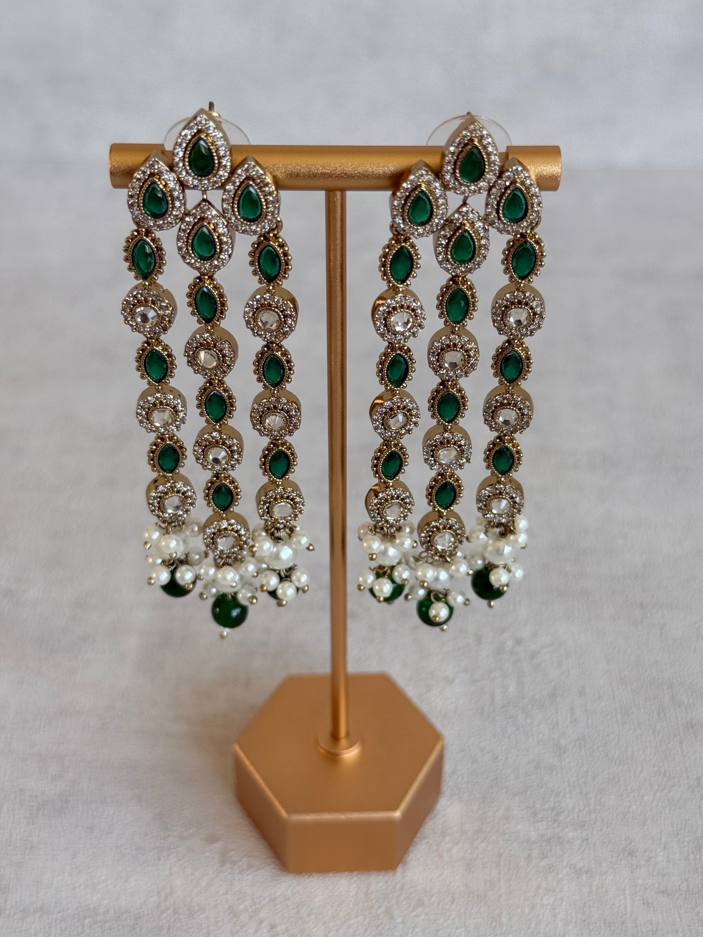 Ayura Designs Emilia Earrings – Gold Triple Strand Statement Earrings with Emerald Green Stones & Pearl Drops