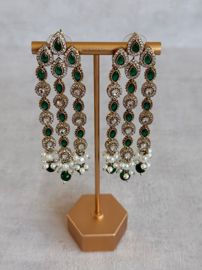Ayura Designs Emilia Earrings – Gold Triple Strand Statement Earrings with Emerald Green Stones & Pearl Drops