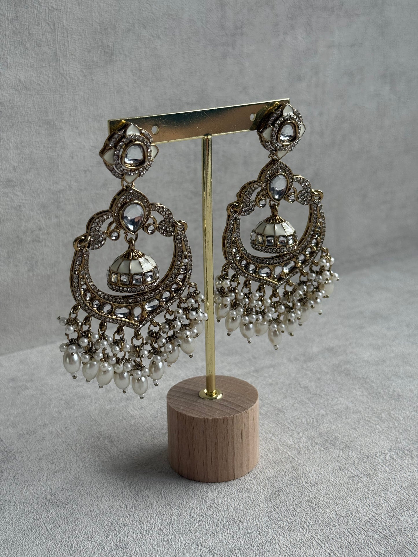 Ayura Designs Reha Earrings – Statement Chandbalis with Ivory Pearls & Mirror-Cut Stones