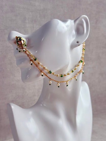 Ayura Designs Fakira Nose Ring – Kundan-Style Detailing with Emerald & Pearl Chain