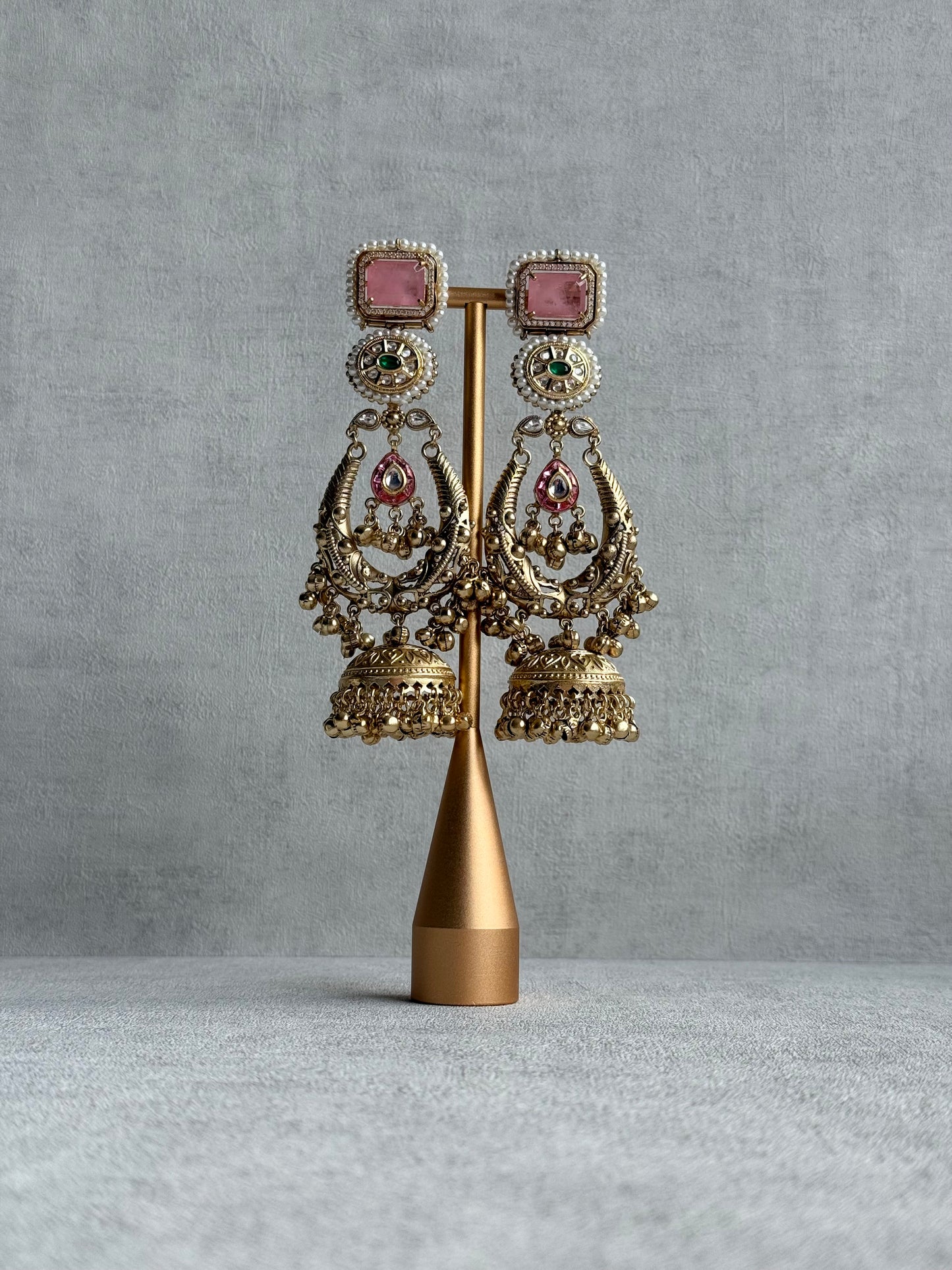Ayura Designs Zirwa Earrings – Statement Jhumkis with Pink Stones, Green Accents & Pearl Borders & Ghungroos