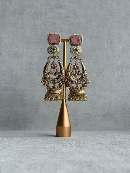 Ayura Designs Zirwa Earrings – Statement Jhumkis with Pink Stones, Green Accents & Pearl Borders & Ghungroos