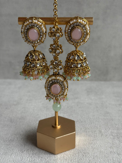 Ayura Designs Muskaan Set – Choker, Jhumkis & Tikka with Blush Pink & Mint Beads, Kundan Stones & Antique Gold Finish