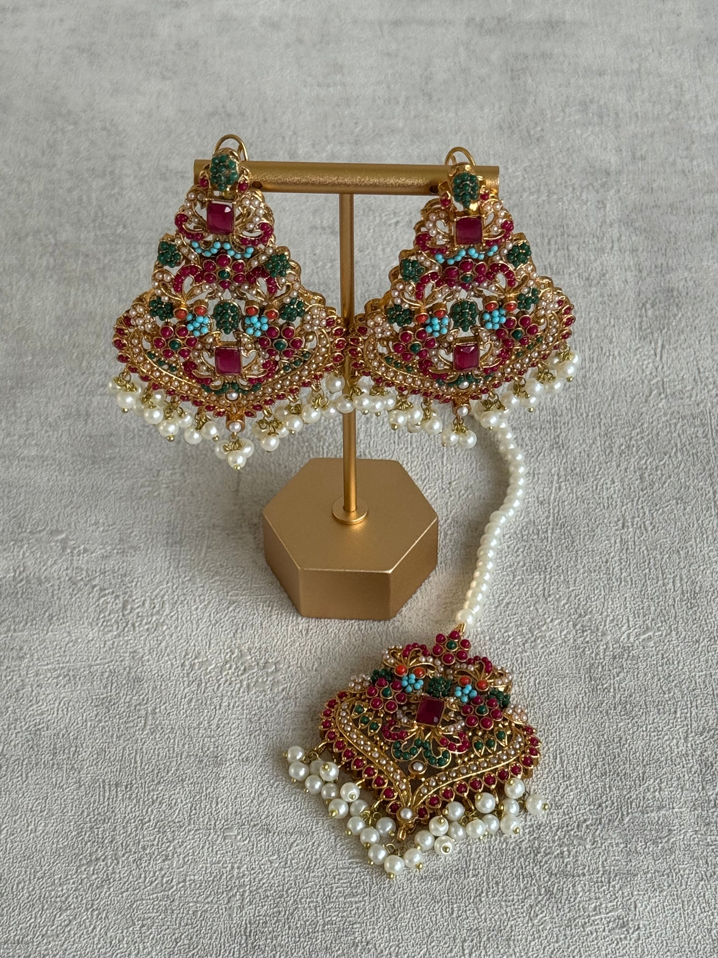 Ayura Designs Mahnoor Navratan Choker Set with Earrings & Tikka – Antique Gold Finish, Multicolour Enamel & Pearl Detailing