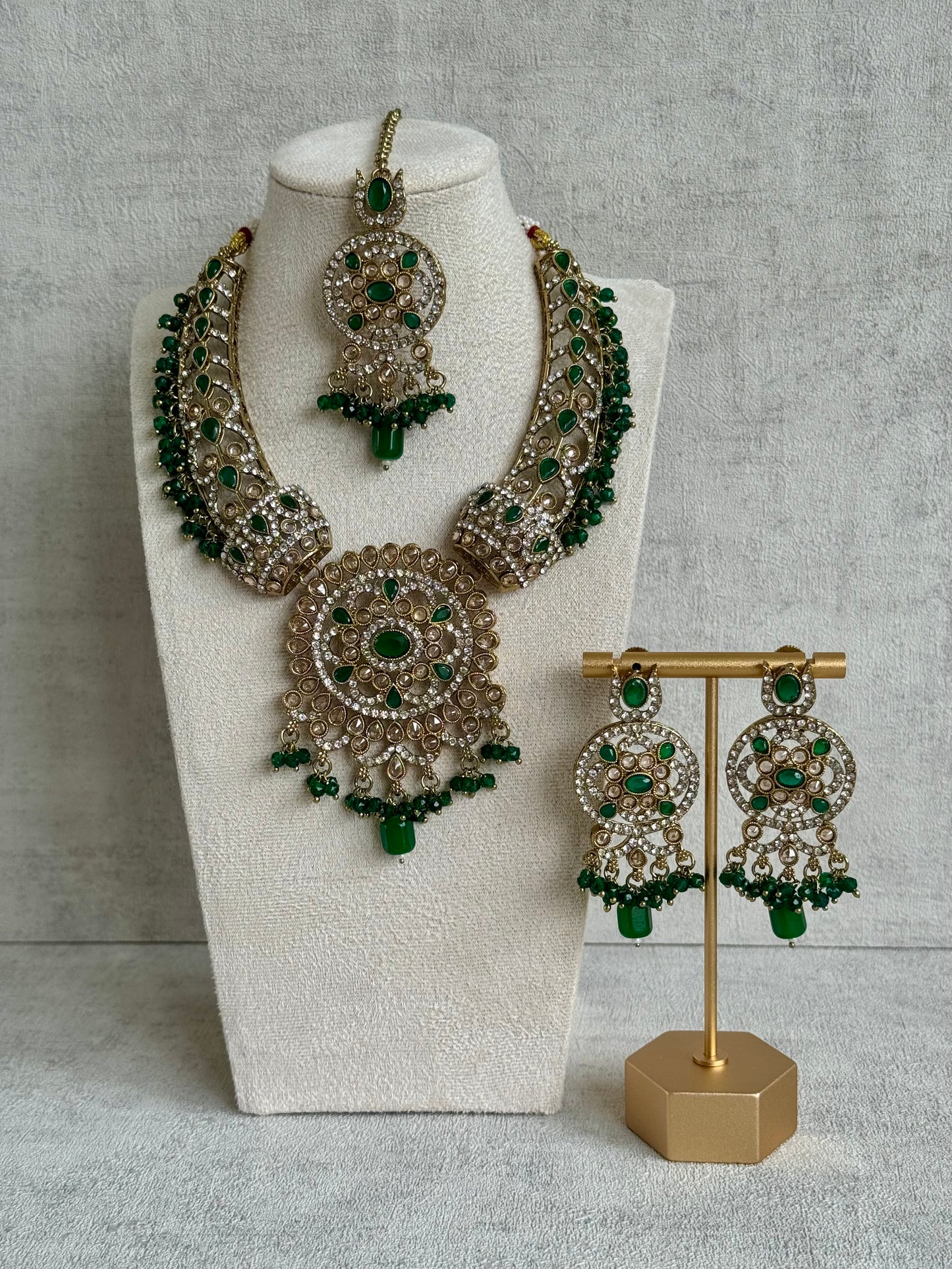 Ayura Designs Aleeza Set with Jhumkis & Tikka – Antique Finish with Champagne Polki Stones, Emerald Detailing & Beaded Drops