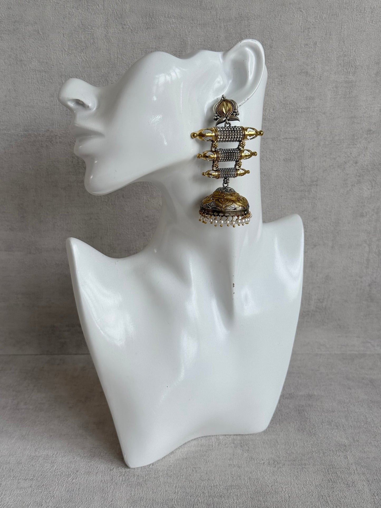 Ayura Designs Tehzeeb Earrings – Dual Tone Oxidised Statement Jhumkis with Pearl Detailing