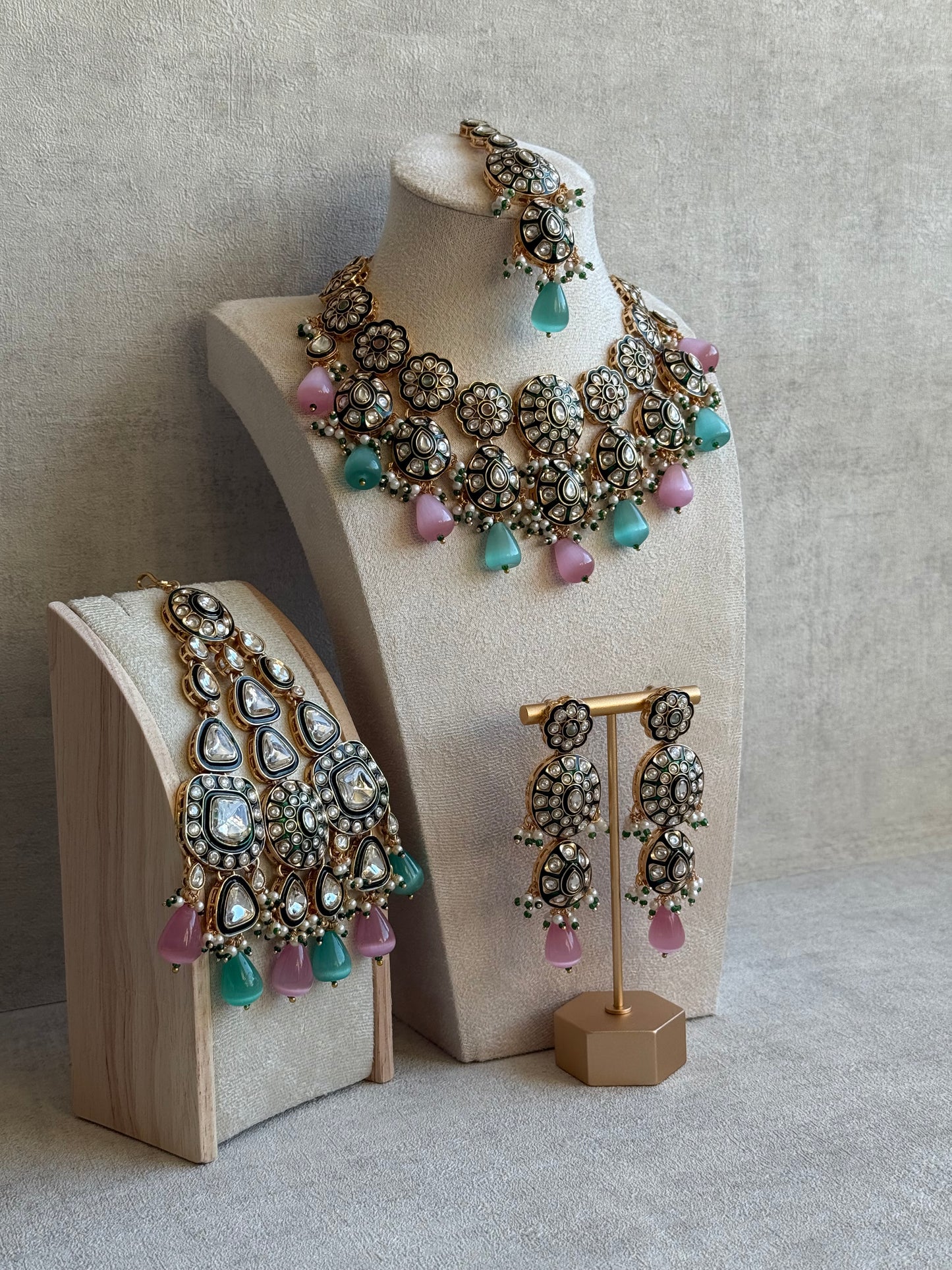 Ayura Designs Sumaira Set with Passa – Necklace, Earrings, Tikka & Passa with Kundan, Green Meenakari Detailing & Aqua-Pink Drops