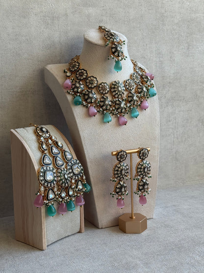 Ayura Designs Sumaira Set with Passa – Necklace, Earrings, Tikka & Passa with Kundan, Green Meenakari Detailing & Aqua-Pink Drops