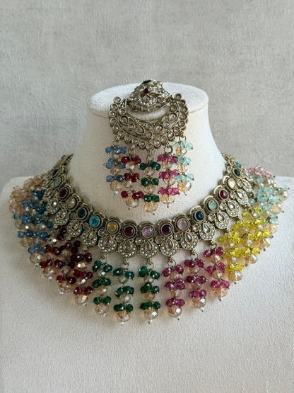 Ayura Designs Dilnaz Necklace Set with Earrings, Tikka & Passa – Multicolour Crystal Beads & Antique Gold Finish