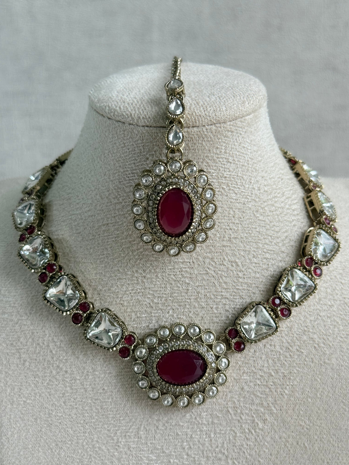 Ayura Designs Inza Necklace Set – Rani Pink Stones, Kundan & Crystals with Antique Gold Finish