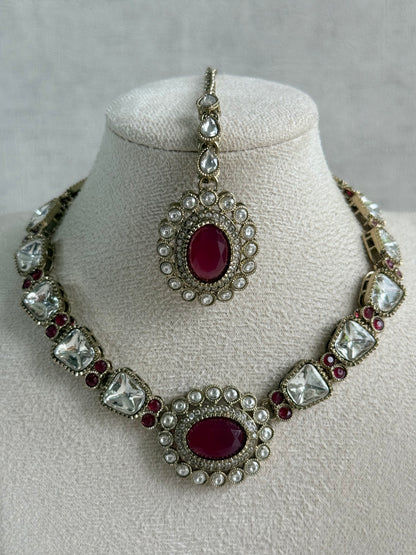Ayura Designs Inza Necklace Set – Rani Pink Stones, Kundan & Crystals with Antique Gold Finish