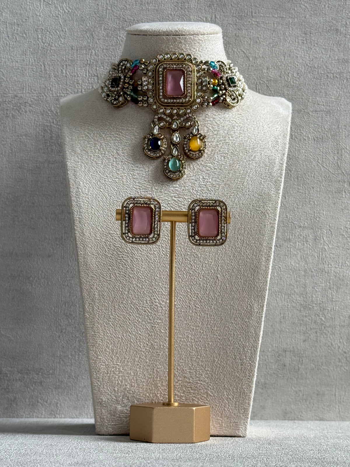 Ayura Designs Nabiha Choker Set with Studs – Blush Pink & Multicolour Stones, Pearl Detailing & Antique Gold Finish