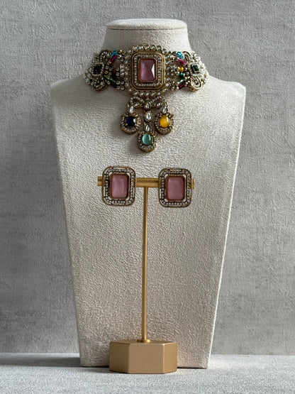 Ayura Designs Nabiha Choker Set with Studs – Blush Pink & Multicolour Stones, Pearl Detailing & Antique Gold Finish