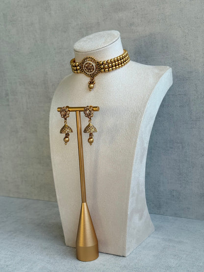 Ayura Designs Kavish Choker Set – Antique Gold Choker with Jhumkis in Champagne Stones & Pearl Detailing