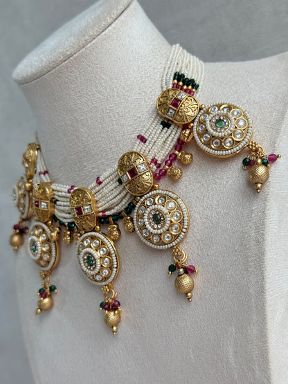 Ayura Designs Kesar Necklace Set with Jhumkis – Multi-Strand Pearl Design, Kundan, Rani Pink & Green Stones & Gold Finish