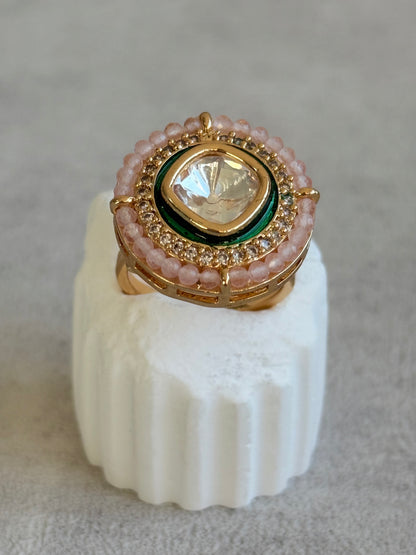 Ayura Designs Roselle Adjustable Ring – Moissanite Centre with Crystal Border & Blush Pink Beads