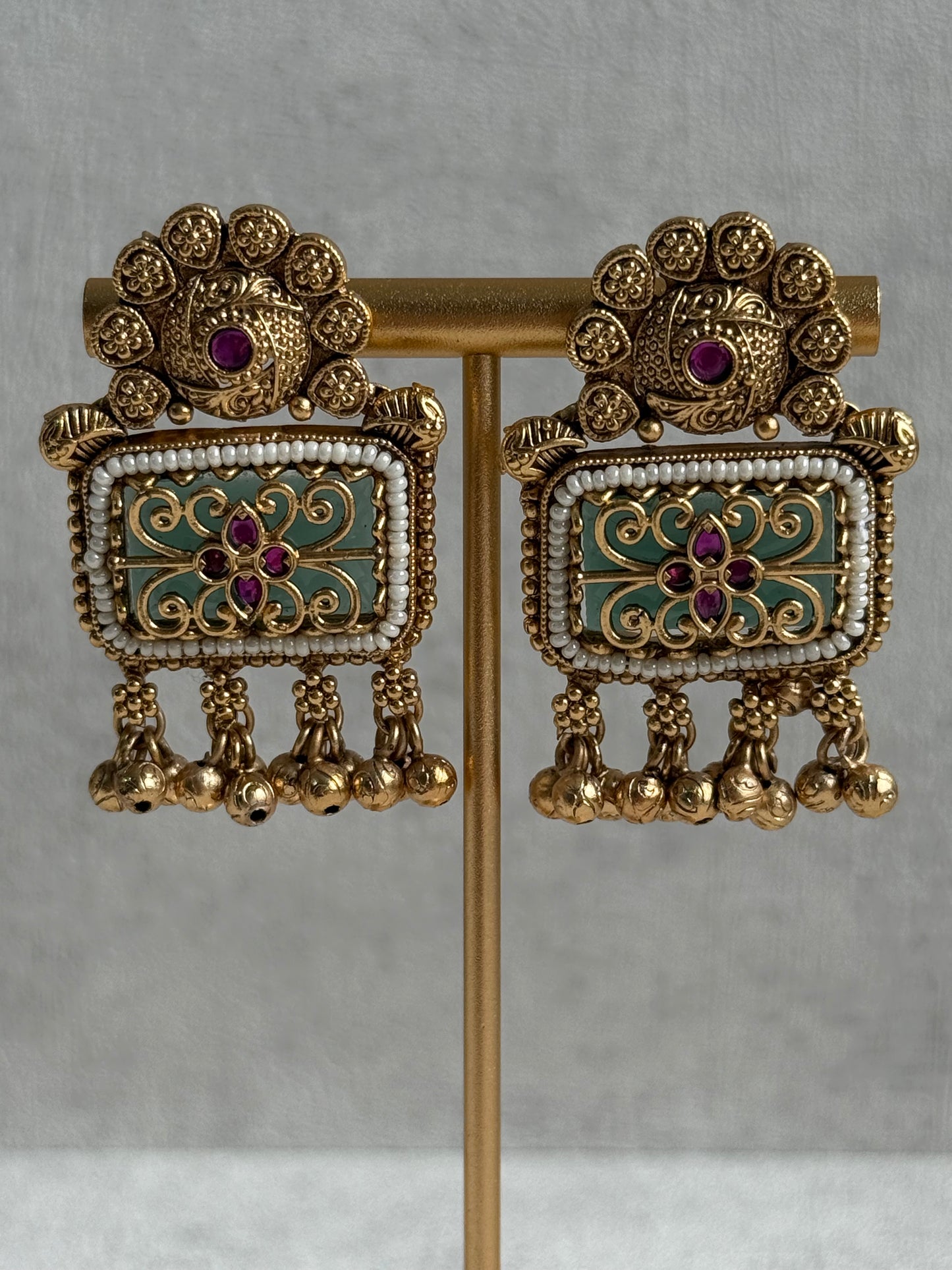 Ayura Designs Uma Set – Antique Gold Necklace & Earrings with Mint Green Enamel, Ruby Meenakari & Pearl Detailing