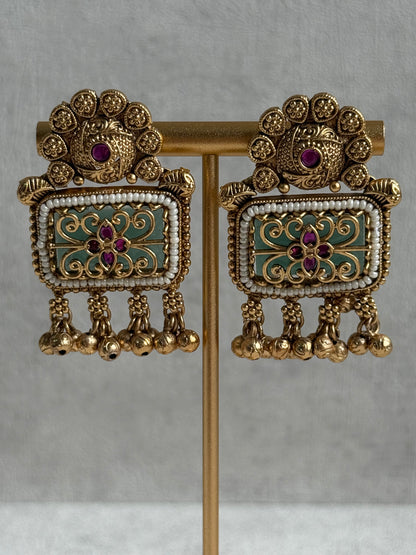 Ayura Designs Uma Set – Antique Gold Necklace & Earrings with Mint Green Enamel, Ruby Meenakari & Pearl Detailing