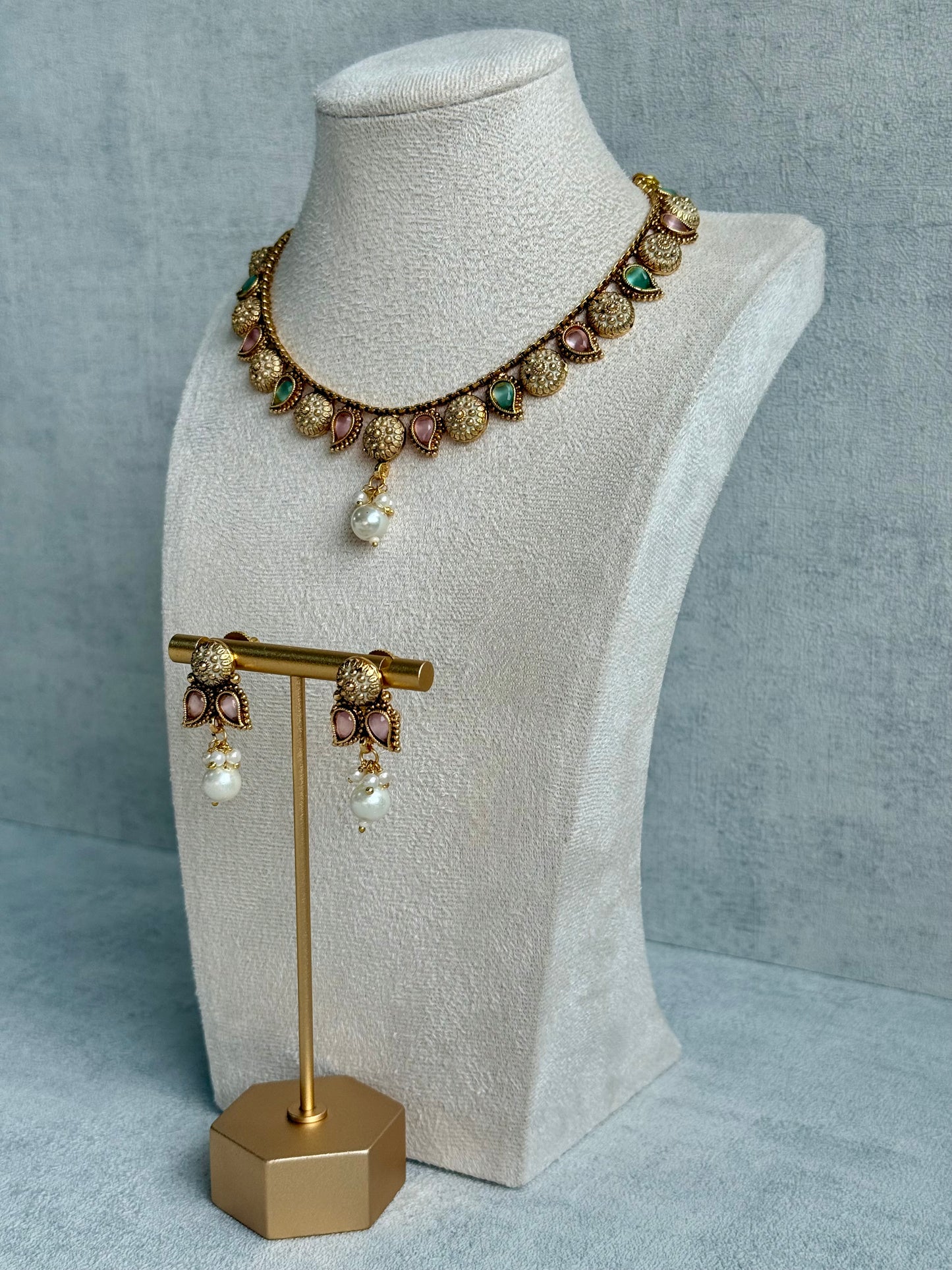 Ayura Designs Mayura Necklace Set with Earrings – Antique Gold Meenakari Motifs with Pearl Drop & Blush Pink and Mint Green Stones