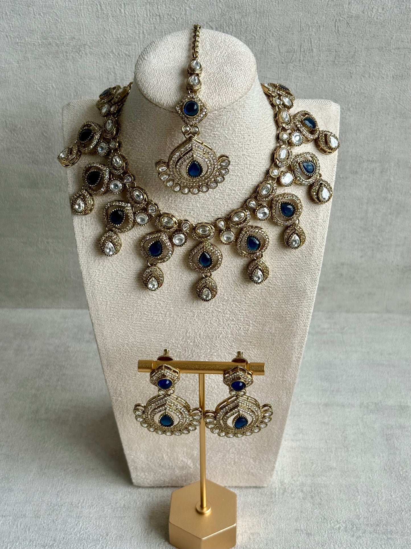 Ayura Designs Sahira Set – Necklace, Earrings & Tikka with Sapphire Blue Stones, Mirror-Cut Detailing & Antique Gold Finish
