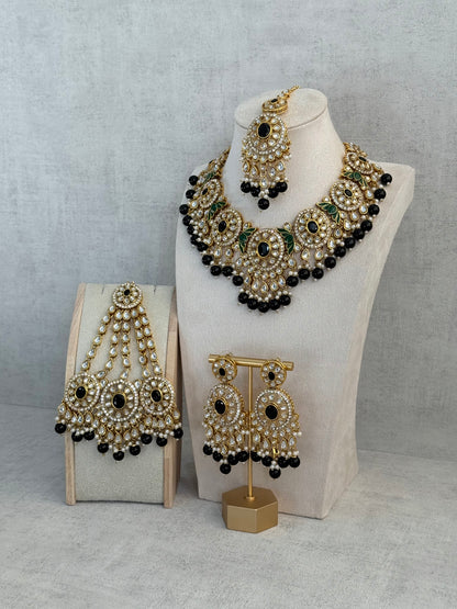 Ayura Designs Zara Set with Necklace, Earrings, Tikka & Passa – Antique Gold with Kundan Detailing & Black Beads